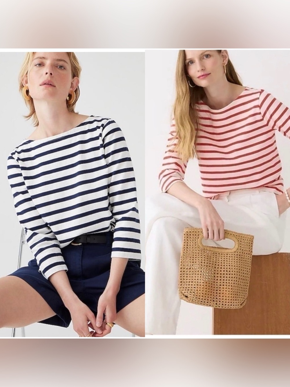J. Crew Striped Boatneck Shirt Mariner Cotton 3/4 Sleeves bundle - Navy and Red